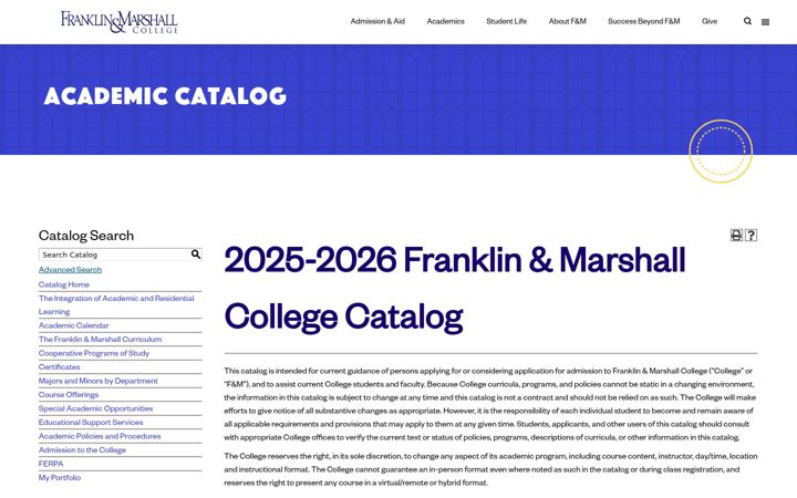 Screenshot von catalog.fandm.edu