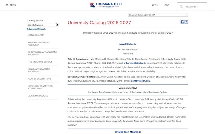 Screenshot von catalog.latech.edu
