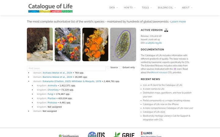 Screenshot of catalogueoflife.org