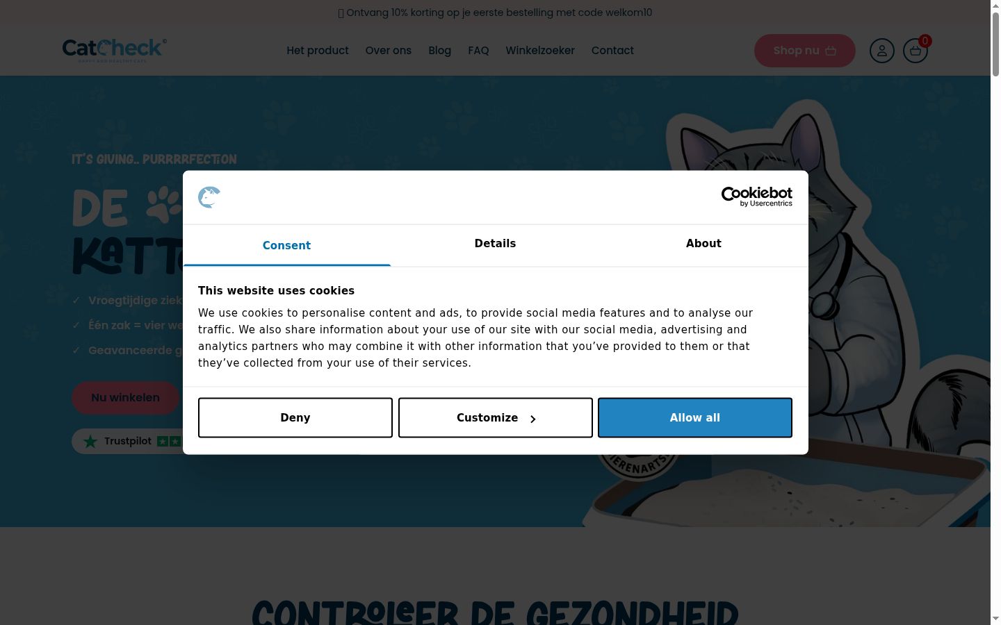 Captura de ecrã do banner de consentimento apresentado antes de qualquer interação