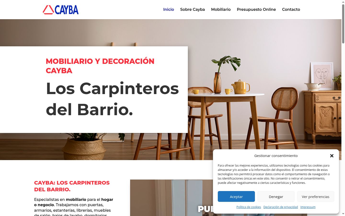 Captura de pantalla del banner de consentimiento mostrado antes de cualquier interacción