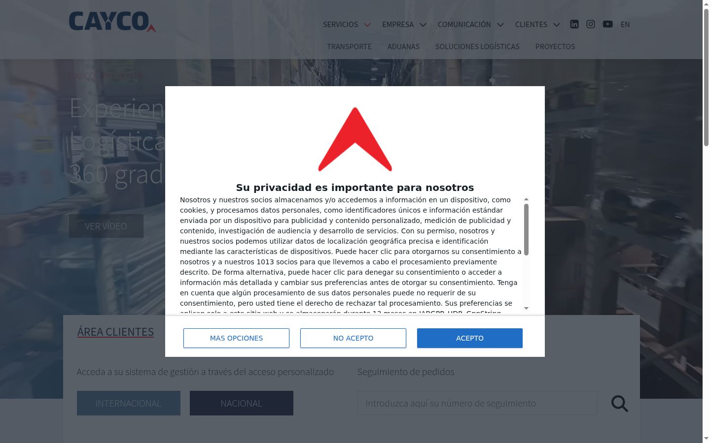 Captura de pantalla del banner de consentimiento mostrado antes de cualquier interacción