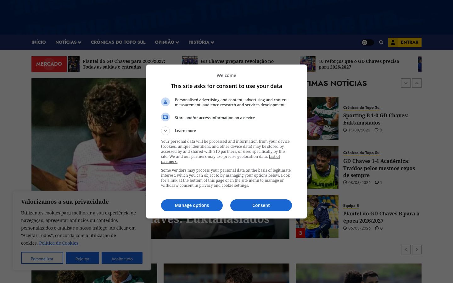 Képernyőkép a bármilyen interakció előtt megjelenő hozzájárulási bannerről
