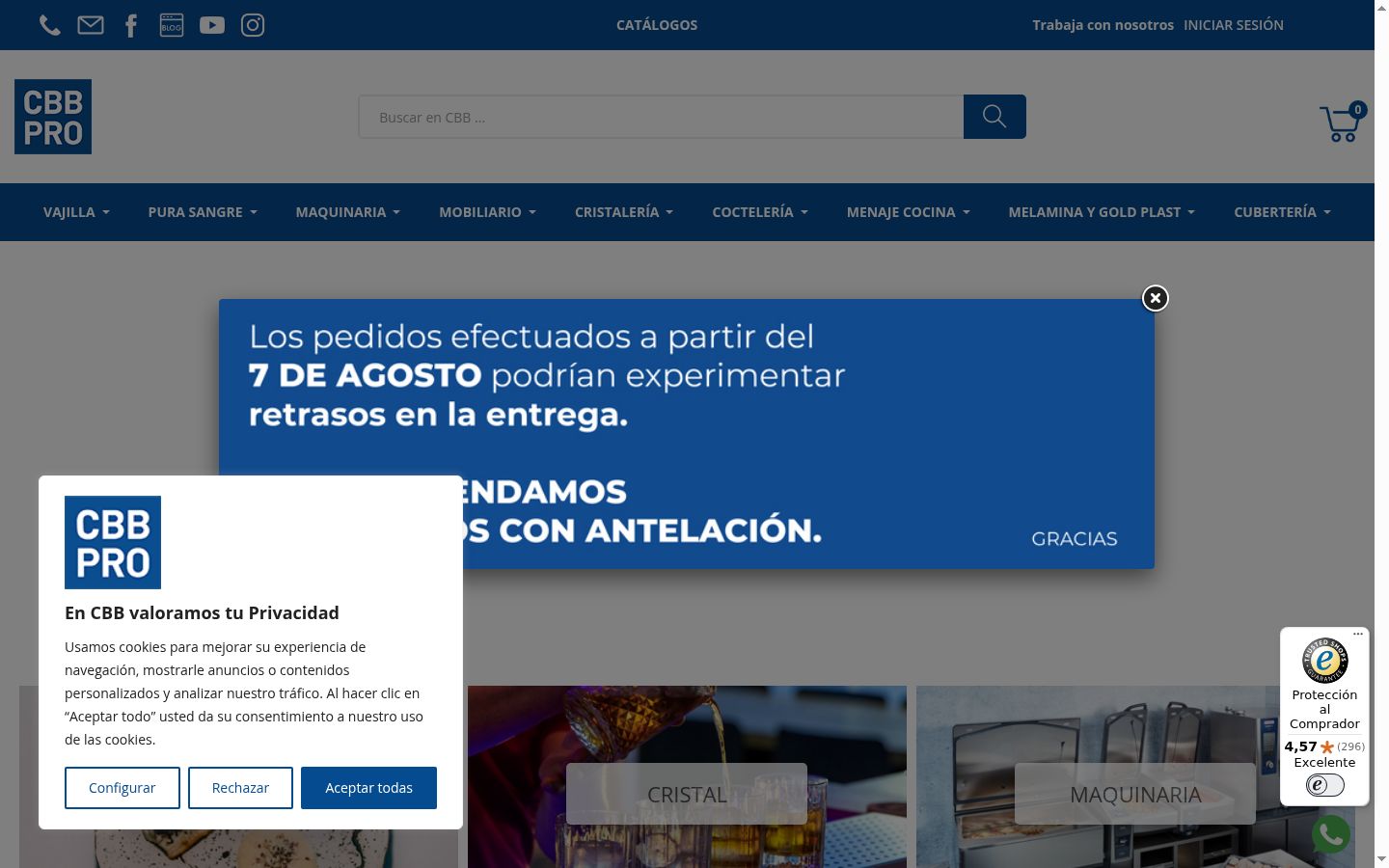 Captura de pantalla del banner de consentimiento mostrado antes de cualquier interacción