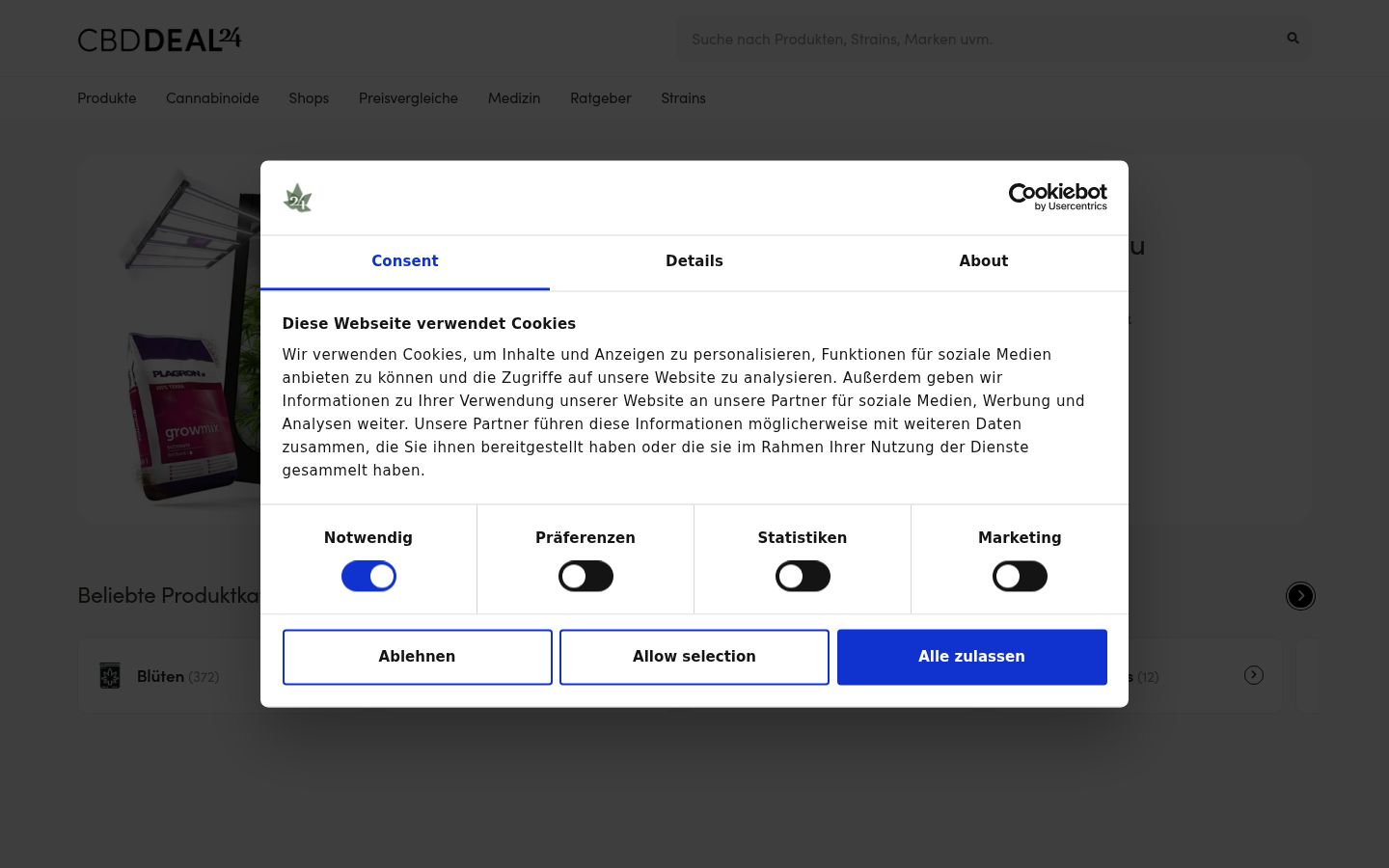 Captura de pantalla del banner de consentimiento mostrado antes de cualquier interacción