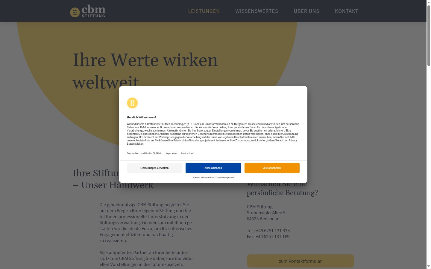 Screenshot des Einwilligungsbanners vor jeglicher Interaktion