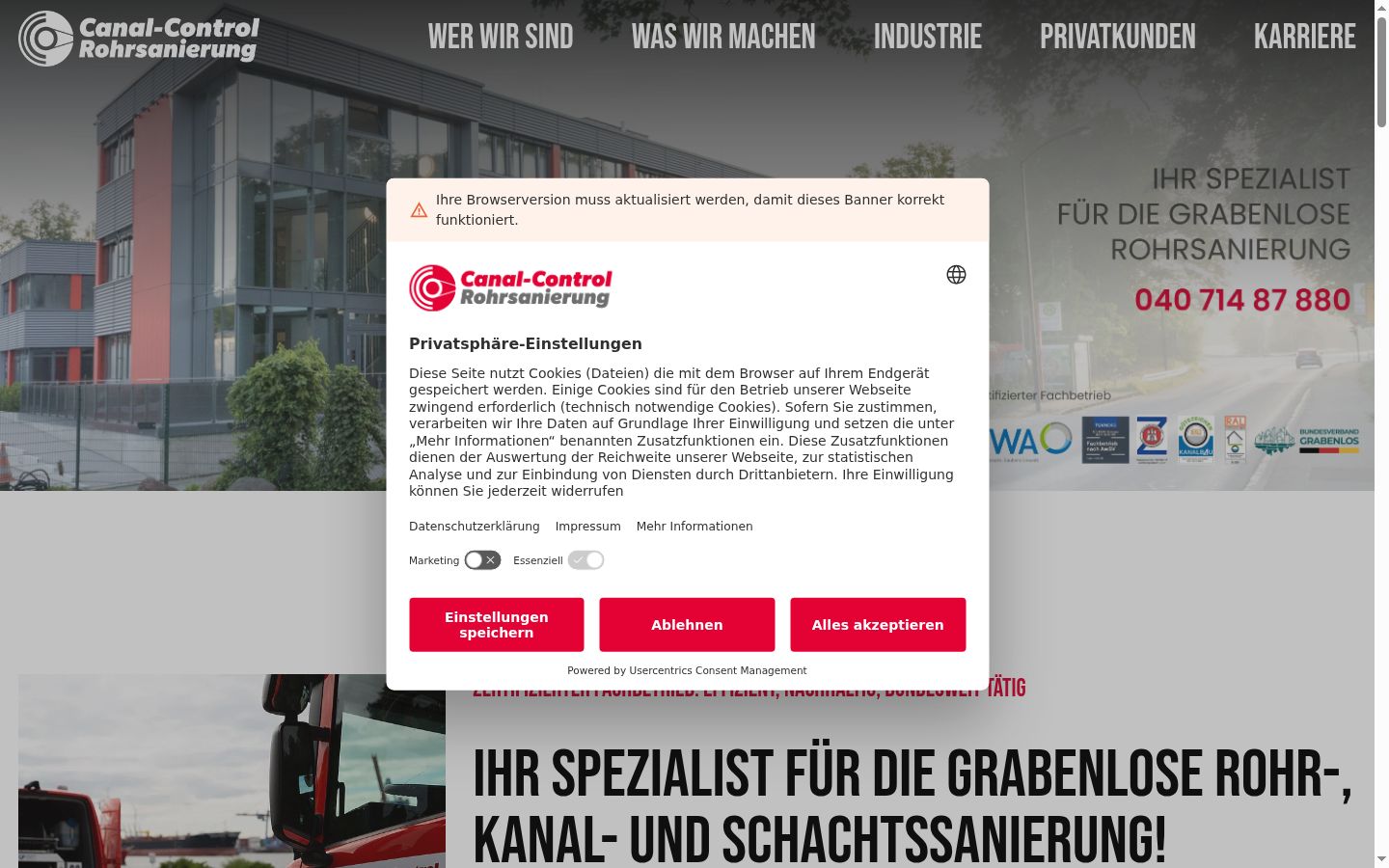 Screenshot des Einwilligungsbanners vor jeglicher Interaktion