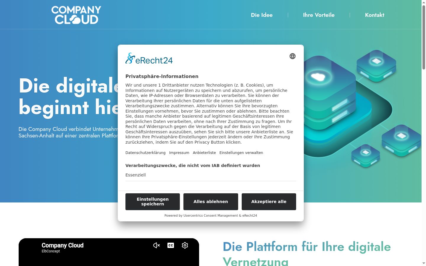 Screenshot des Einwilligungsbanners vor jeglicher Interaktion