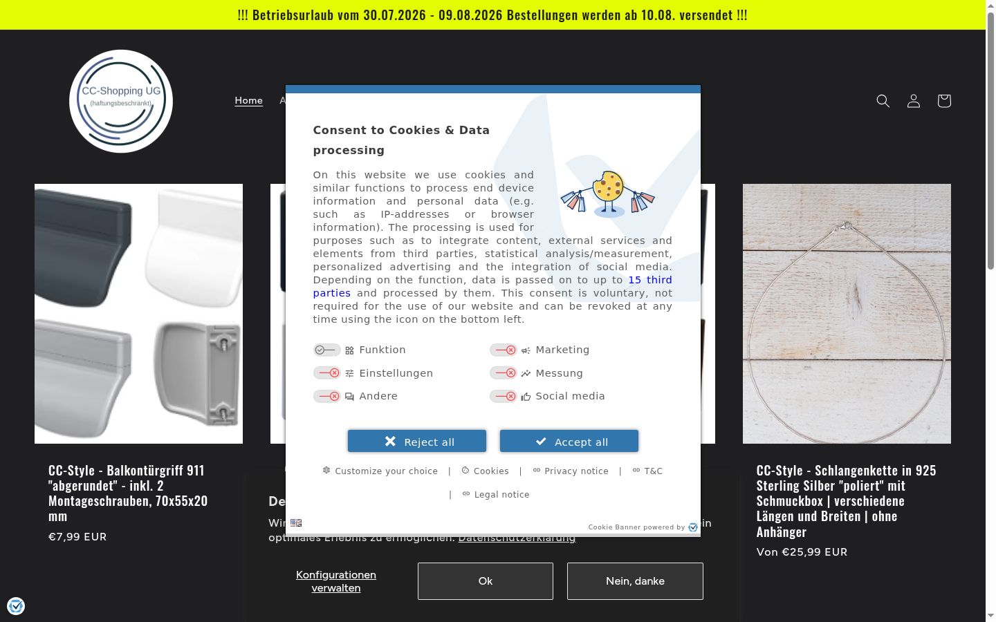 Captura de ecrã do banner de consentimento apresentado antes de qualquer interação