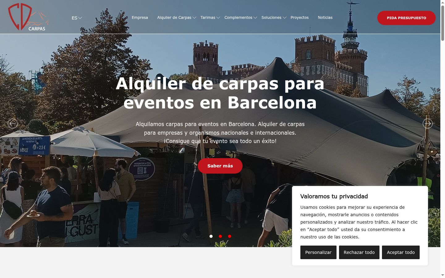Captura de pantalla del banner de consentimiento mostrado antes de cualquier interacción