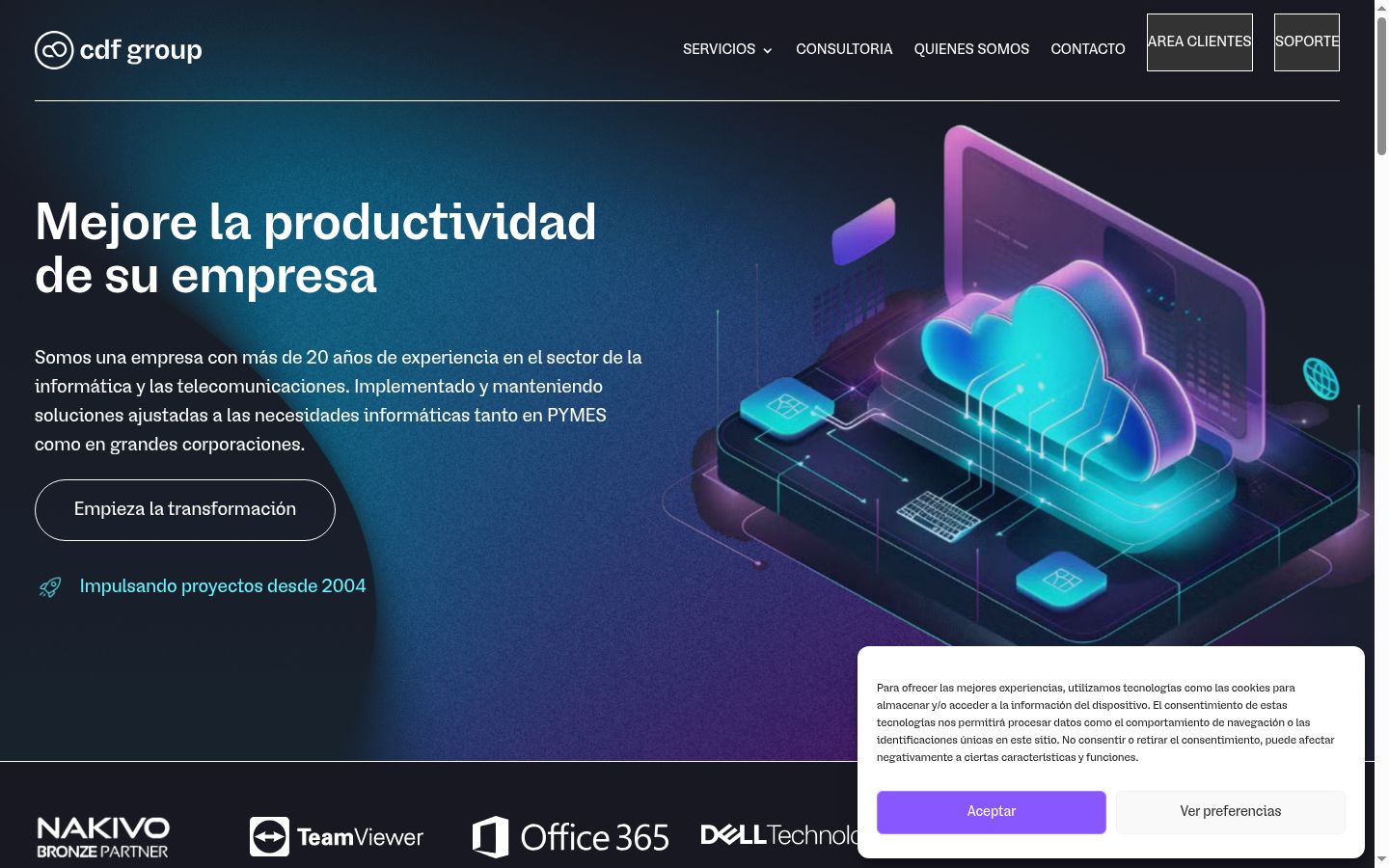 Captura de pantalla del banner de consentimiento mostrado antes de cualquier interacción