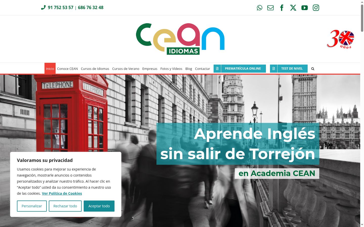 Captura de pantalla del banner de consentimiento mostrado antes de cualquier interacción
