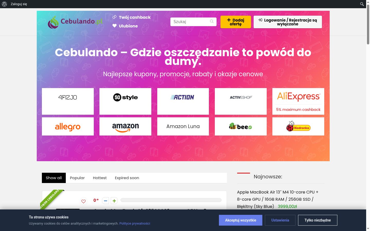 Ekrānuzņēmums ar piekrišanas baneri, kas tika rādīts pirms jebkādas mijiedarbības