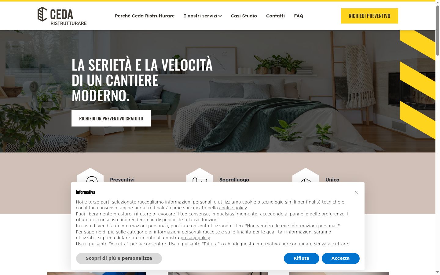 Screenshot del banner di consenso mostrato prima di qualsiasi interazione