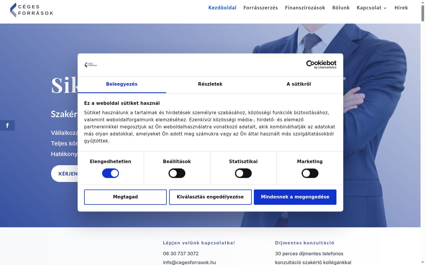 Képernyőkép a bármilyen interakció előtt megjelenő hozzájárulási bannerről