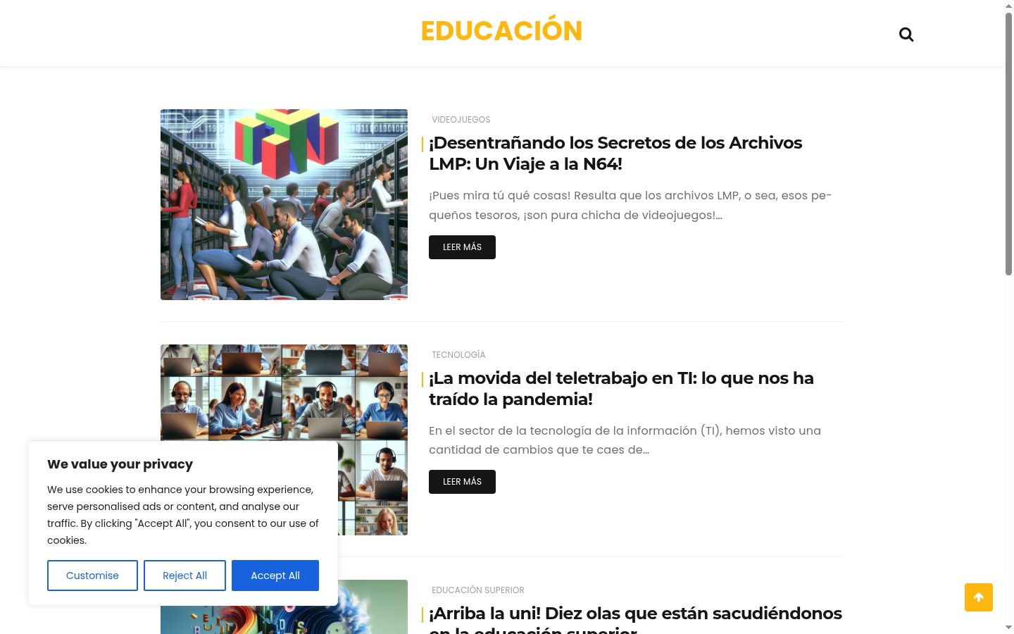 Captura de pantalla del banner de consentimiento mostrado antes de cualquier interacción