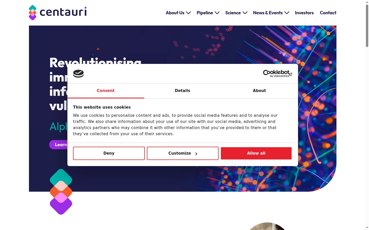Captura de ecrã do banner de consentimento apresentado antes de qualquer interação