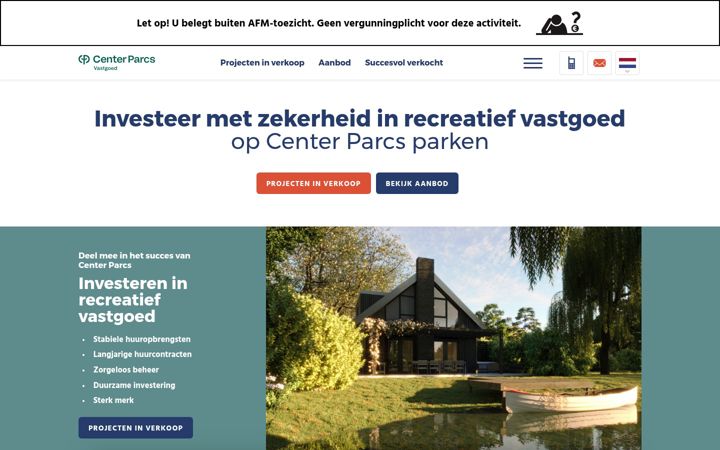 Captură de ecran a centerparcs-vastgoed.nl
