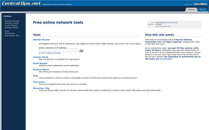 Screenshot of centralops.net