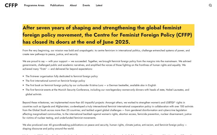 Snímek obrazovky centreforfeministforeignpolicy.org