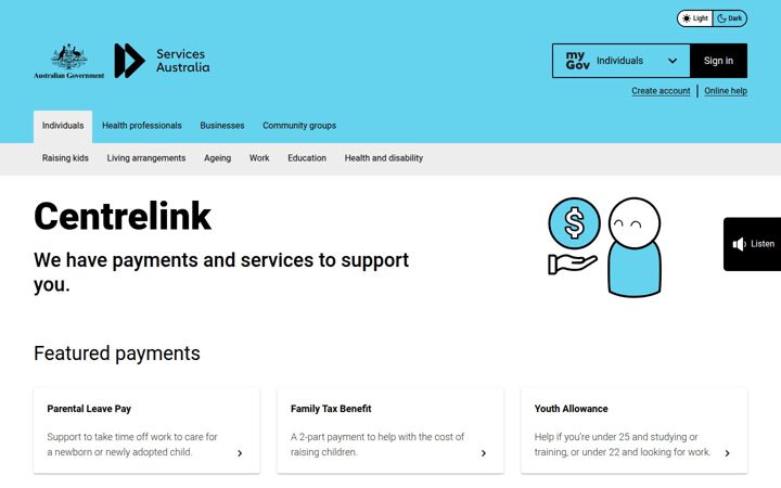 Screenshot of centrelink.gov.au