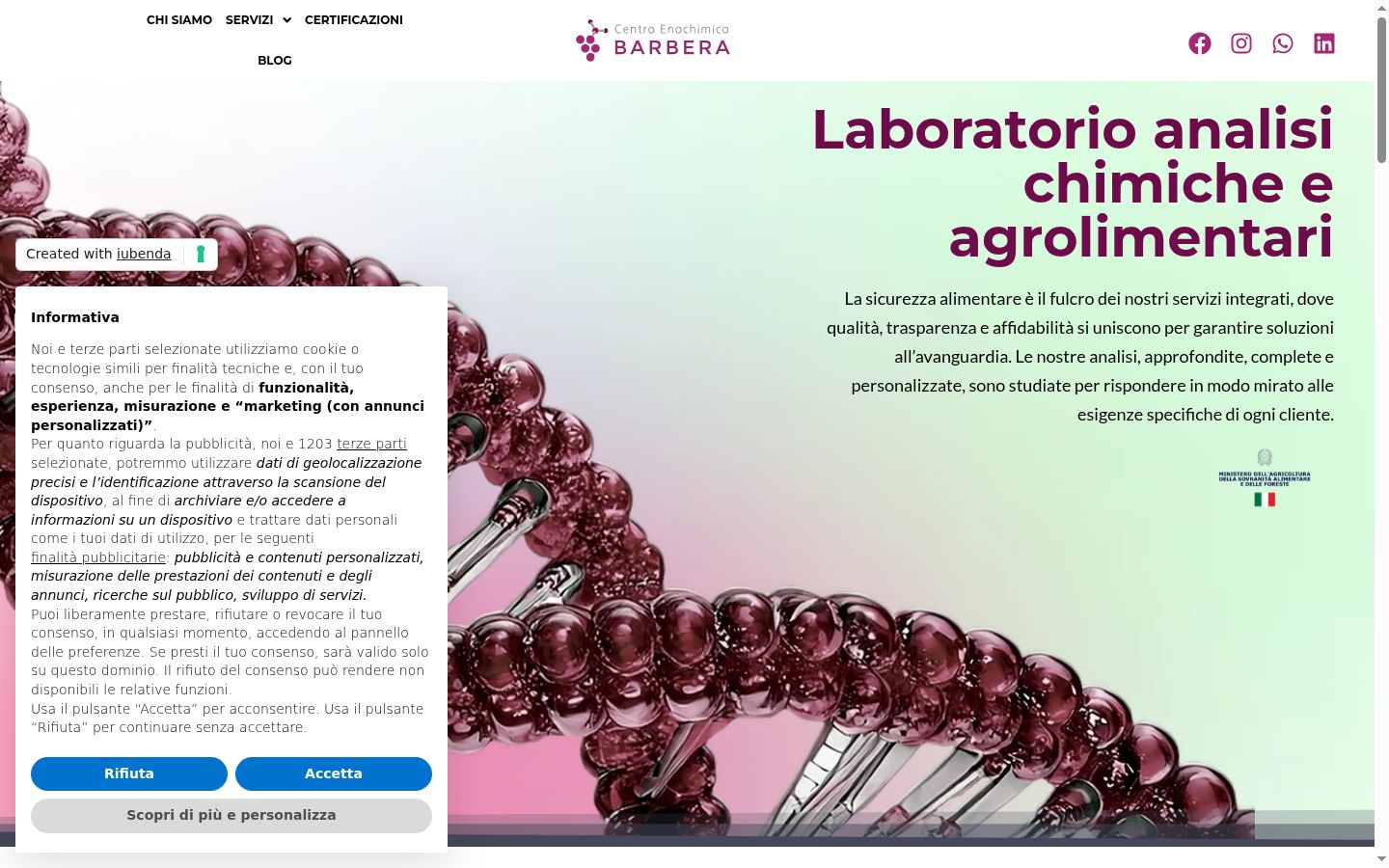 Screenshot del banner di consenso mostrato prima di qualsiasi interazione