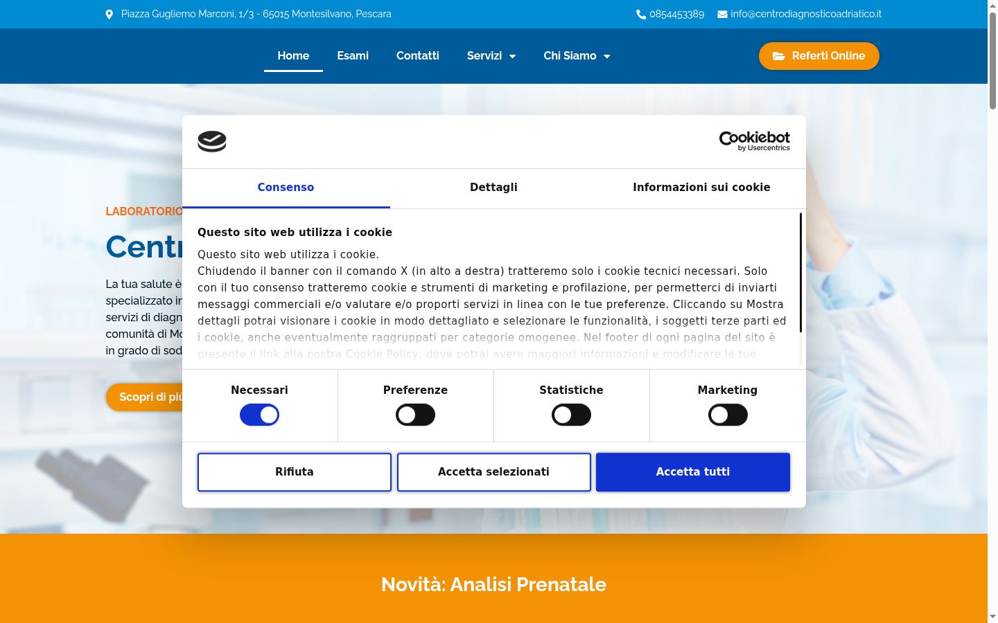Screenshot del banner di consenso mostrato prima di qualsiasi interazione