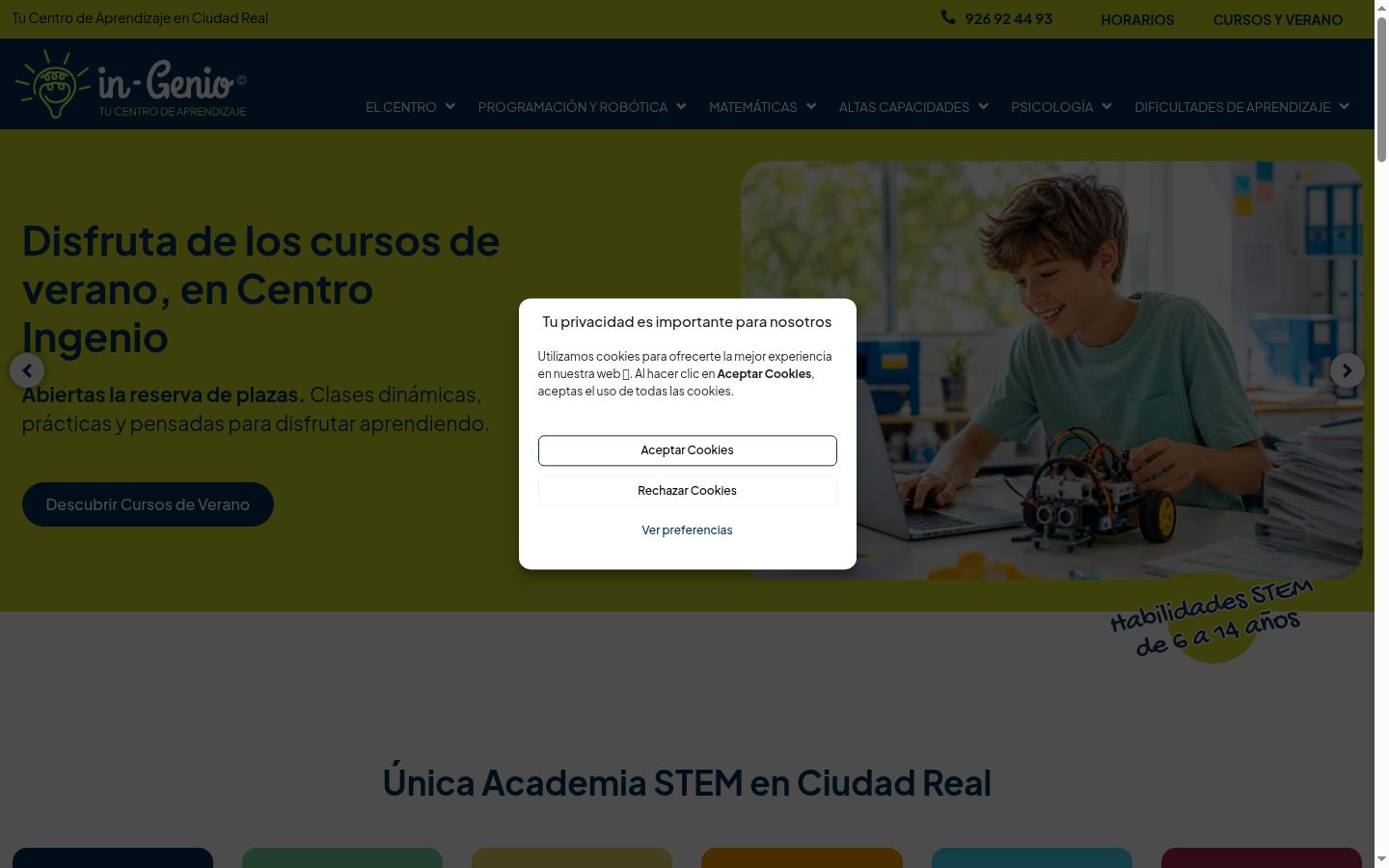 Captura de pantalla del banner de consentimiento mostrado antes de cualquier interacción
