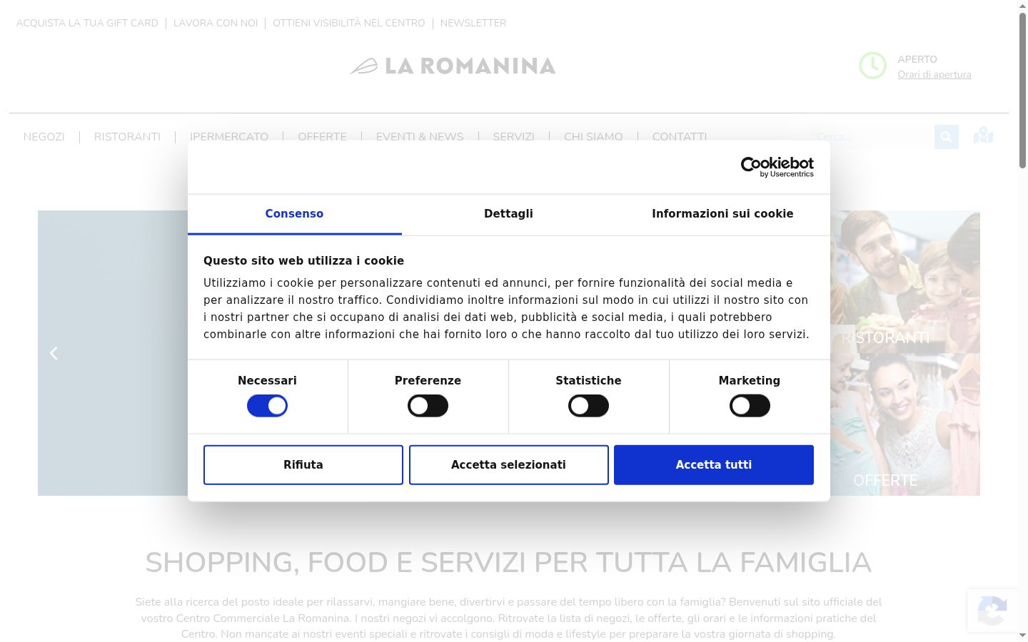 Screenshot del banner di consenso mostrato prima di qualsiasi interazione