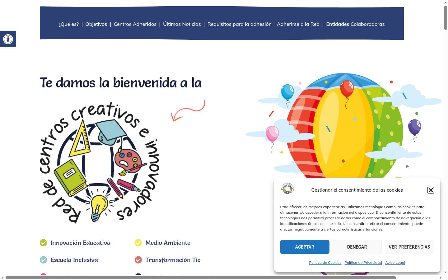 Captura de pantalla del banner de consentimiento mostrado antes de cualquier interacción