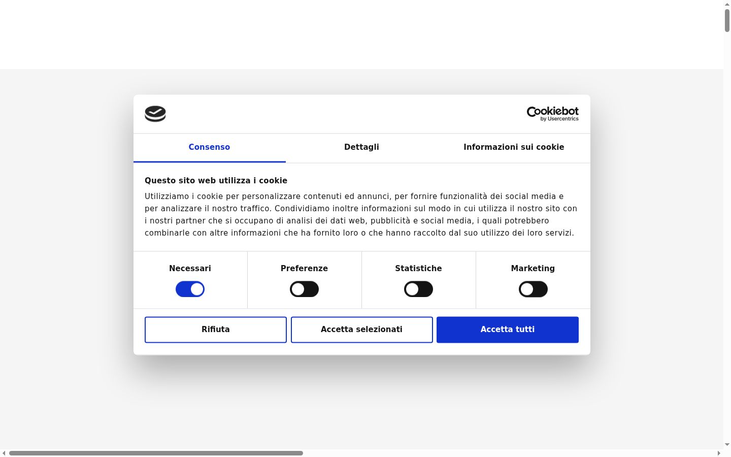 Screenshot del banner di consenso mostrato prima di qualsiasi interazione
