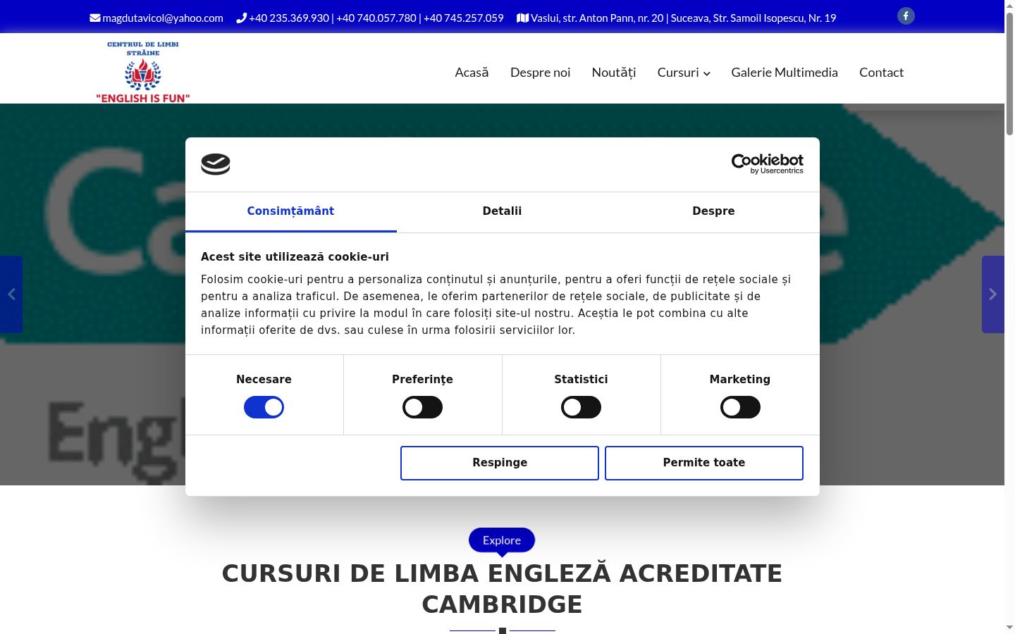 Captura de pantalla del banner de consentimiento mostrado antes de cualquier interacción