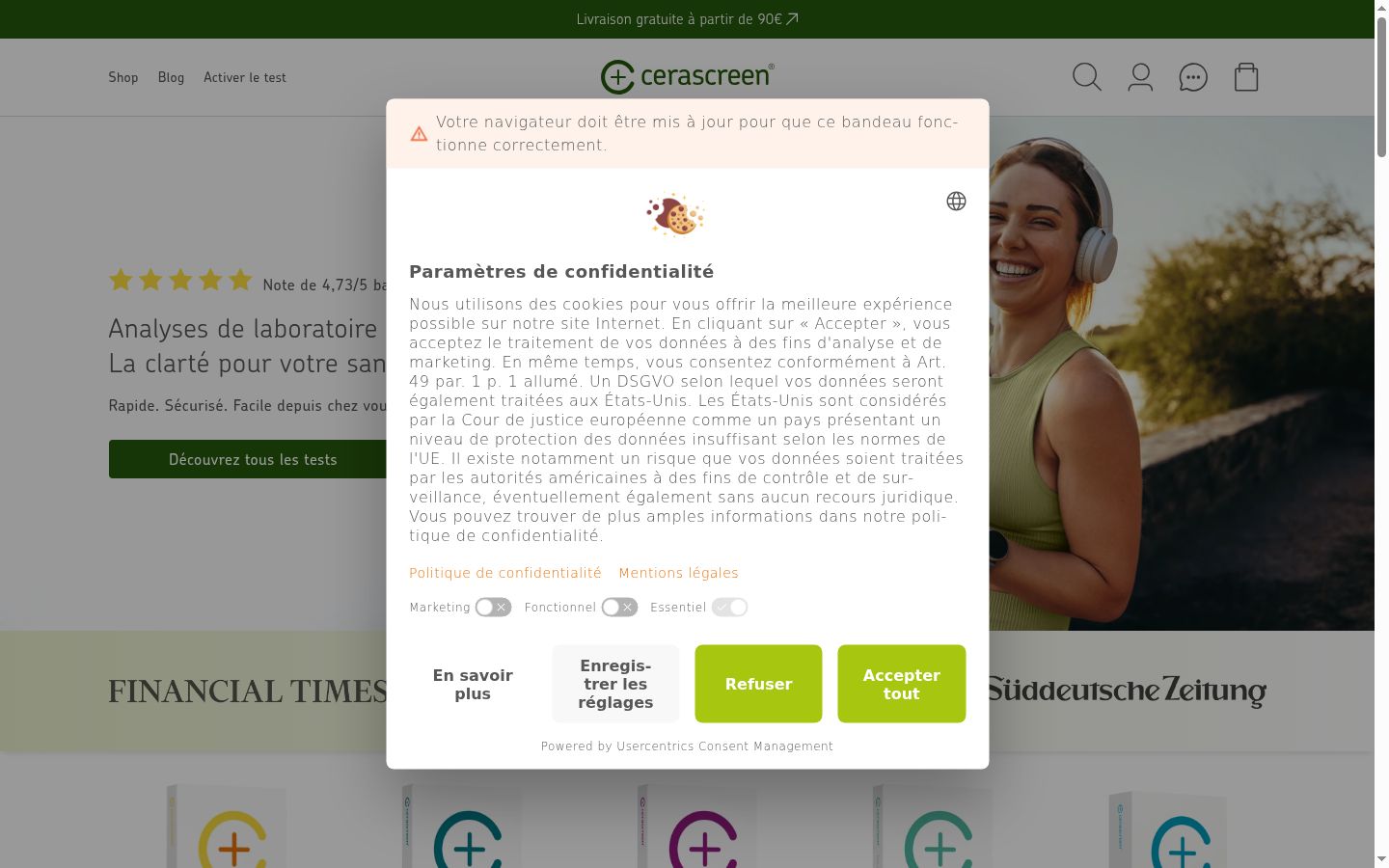 Screenshot del banner di consenso mostrato prima di qualsiasi interazione