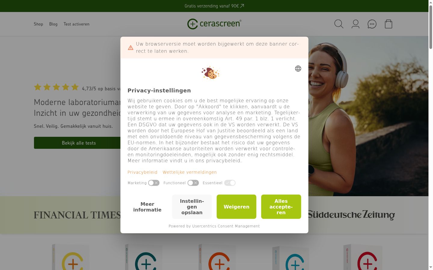Screenshot van de toestemmingsbanner zoals getoond vóór enige interactie