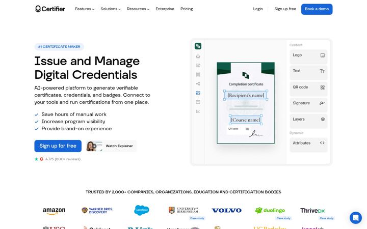 Kuvakaappaus sivustosta certifier.io