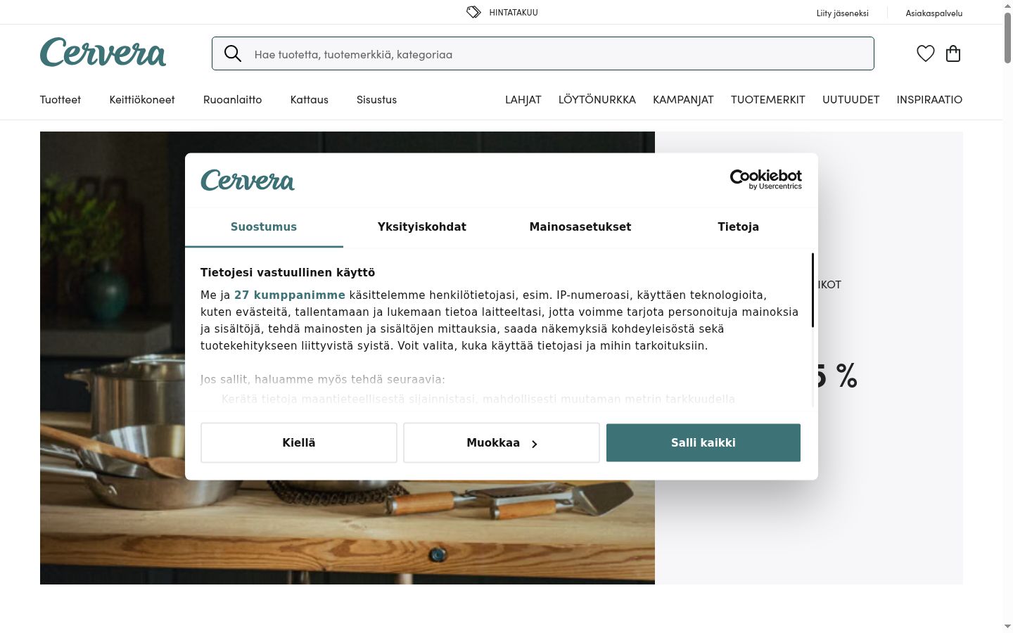 Skærmbillede af samtykkebanneret, som det blev vist før nogen interaktion