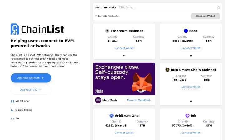 Screenshot of chainlist.org