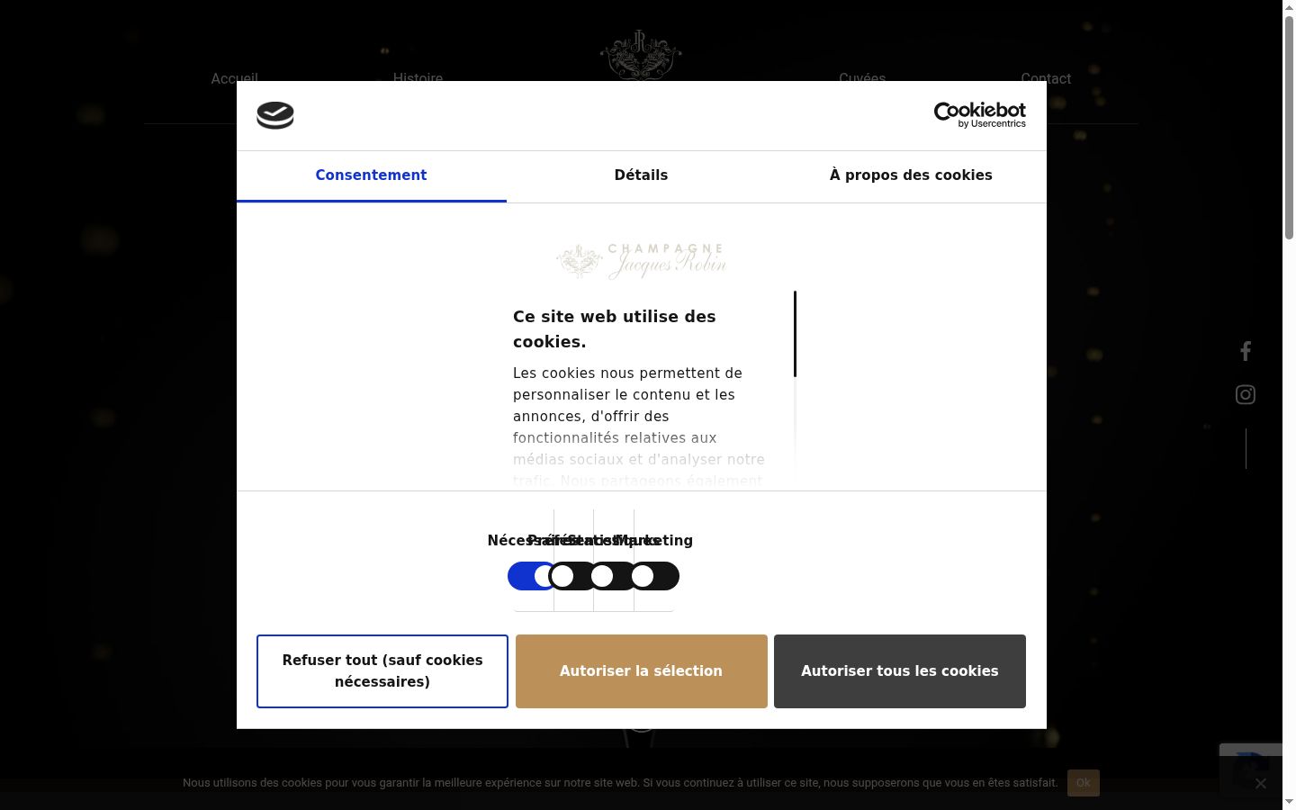 Capture d'écran de la bannière de consentement affichée avant toute interaction