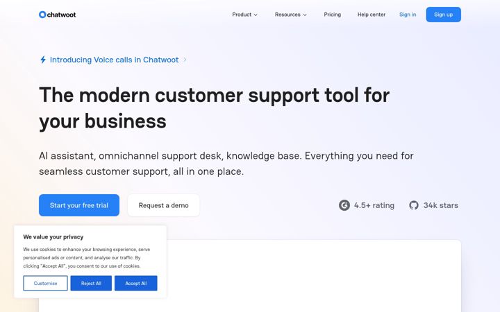 Captura de ecrã de chatwoot.com