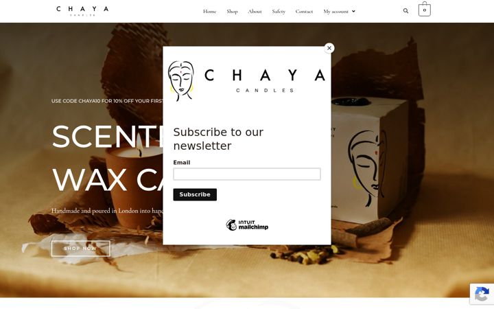 Screenshot van chayacandles.co.uk