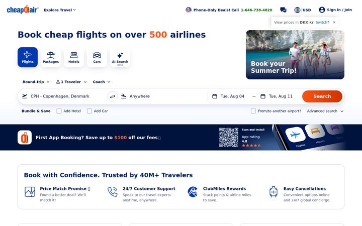 Kuvakaappaus sivustosta cheapair.com