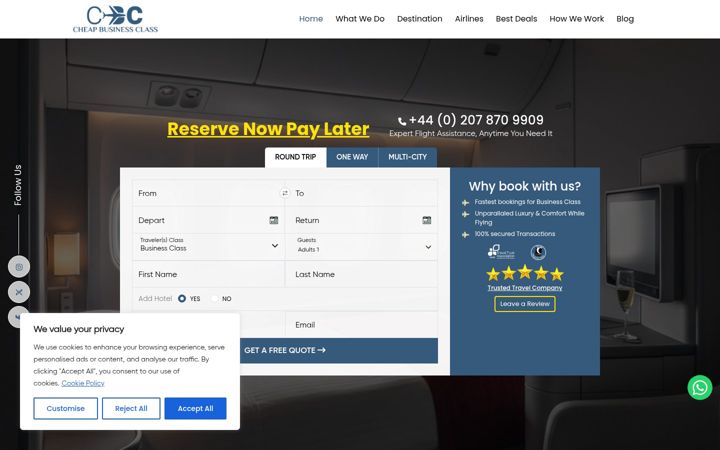 Screenshot ta' cheapbusinessclass.co.uk