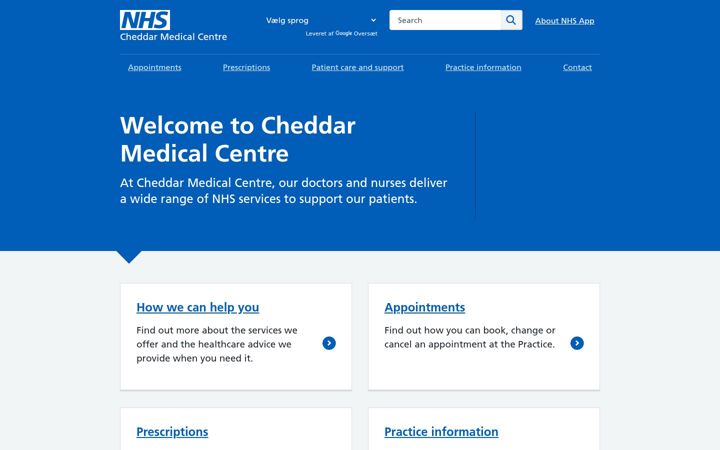 Screenshot of cheddarmedicalcentre.nhs.uk