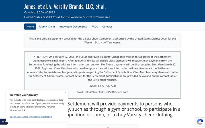 Screenshot of cheerantitrustsettlement.com