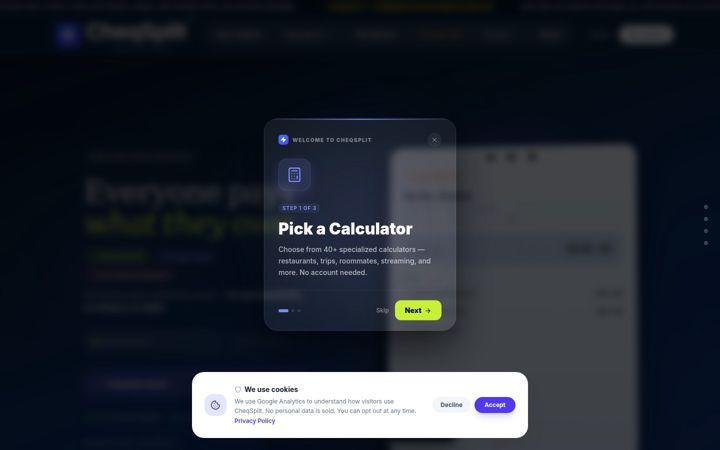Screenshot of cheqsplit.com