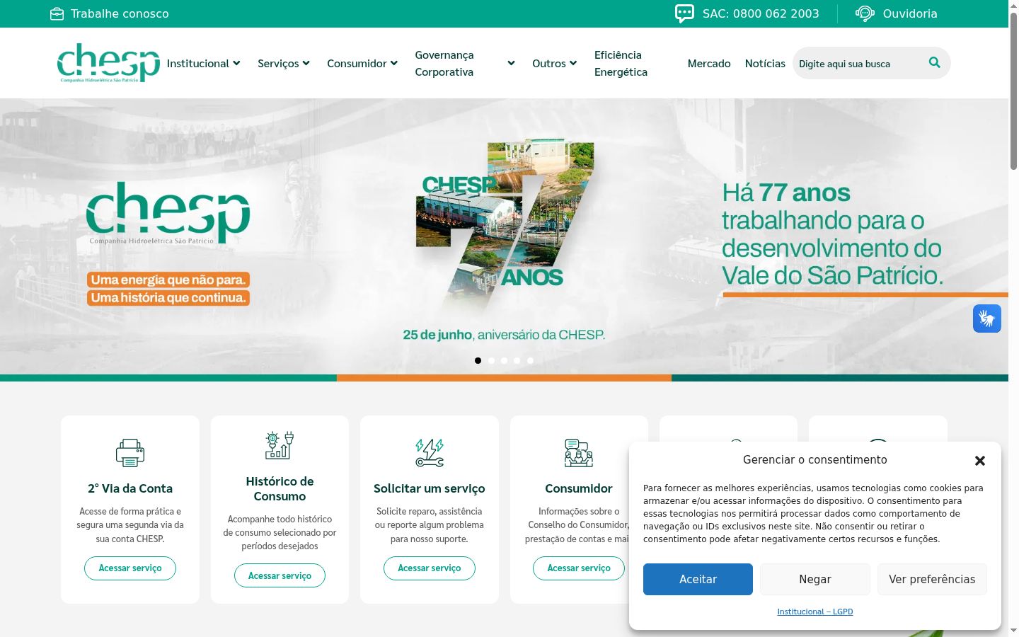 Captura de ecrã do banner de consentimento apresentado antes de qualquer interação