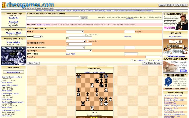 Kuvakaappaus sivustosta chessgames.com