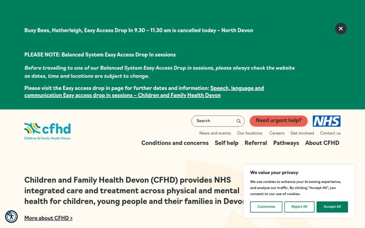 Screenshot του childrenandfamilyhealthdevon.nhs.uk