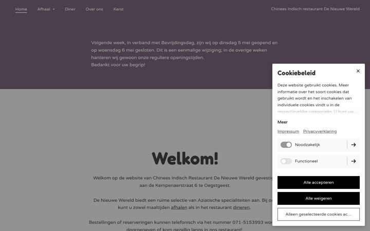 Kuvakaappaus sivustosta chineesindischrestaurantdenieuwewereld.nl