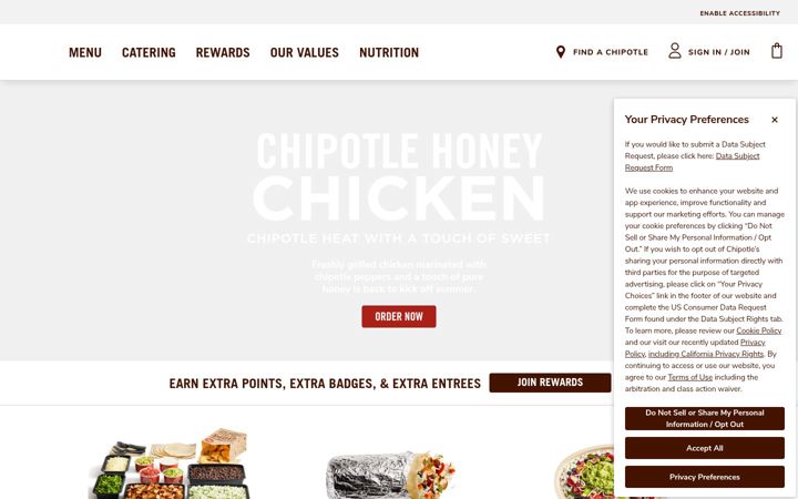 Captura de pantalla de chipotle.com
